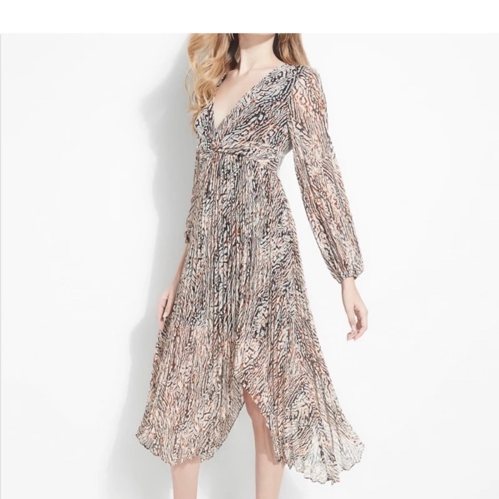 Guess Animal Print Pleated Midi Dress Sheer Long Sleeve Size 6